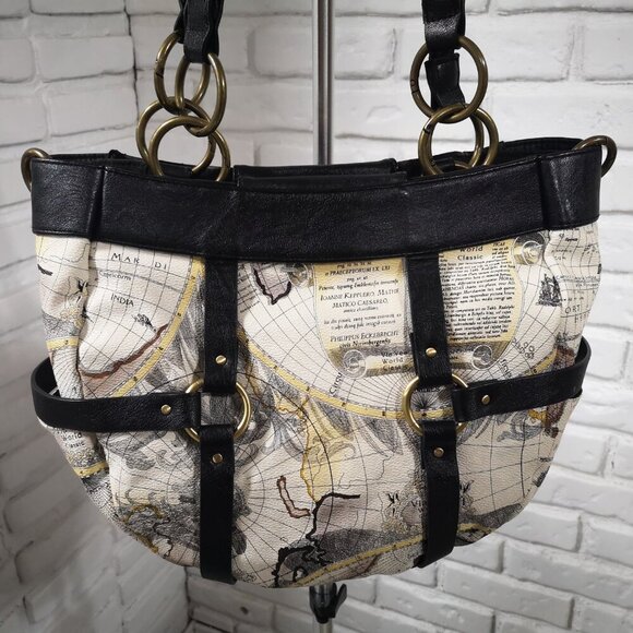 Michi "Retired" Gina Demi Shell Old World Map Lined Handbag w/ Woven Handles - Picture 6 of 12